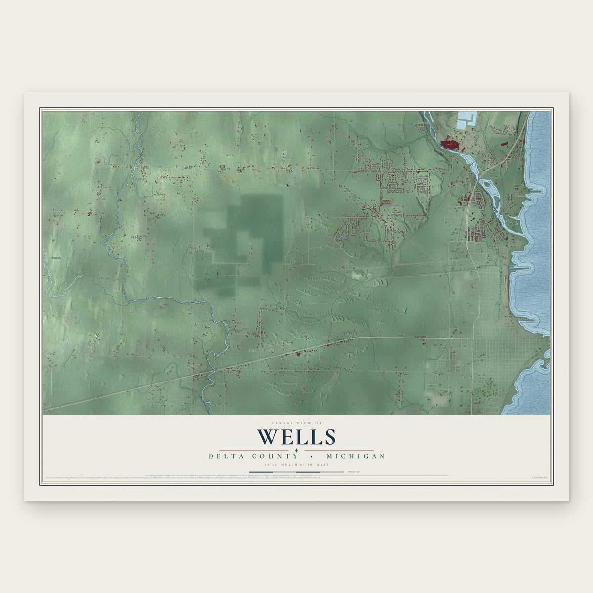 Wells, Delta County, Michigan map print, the full design