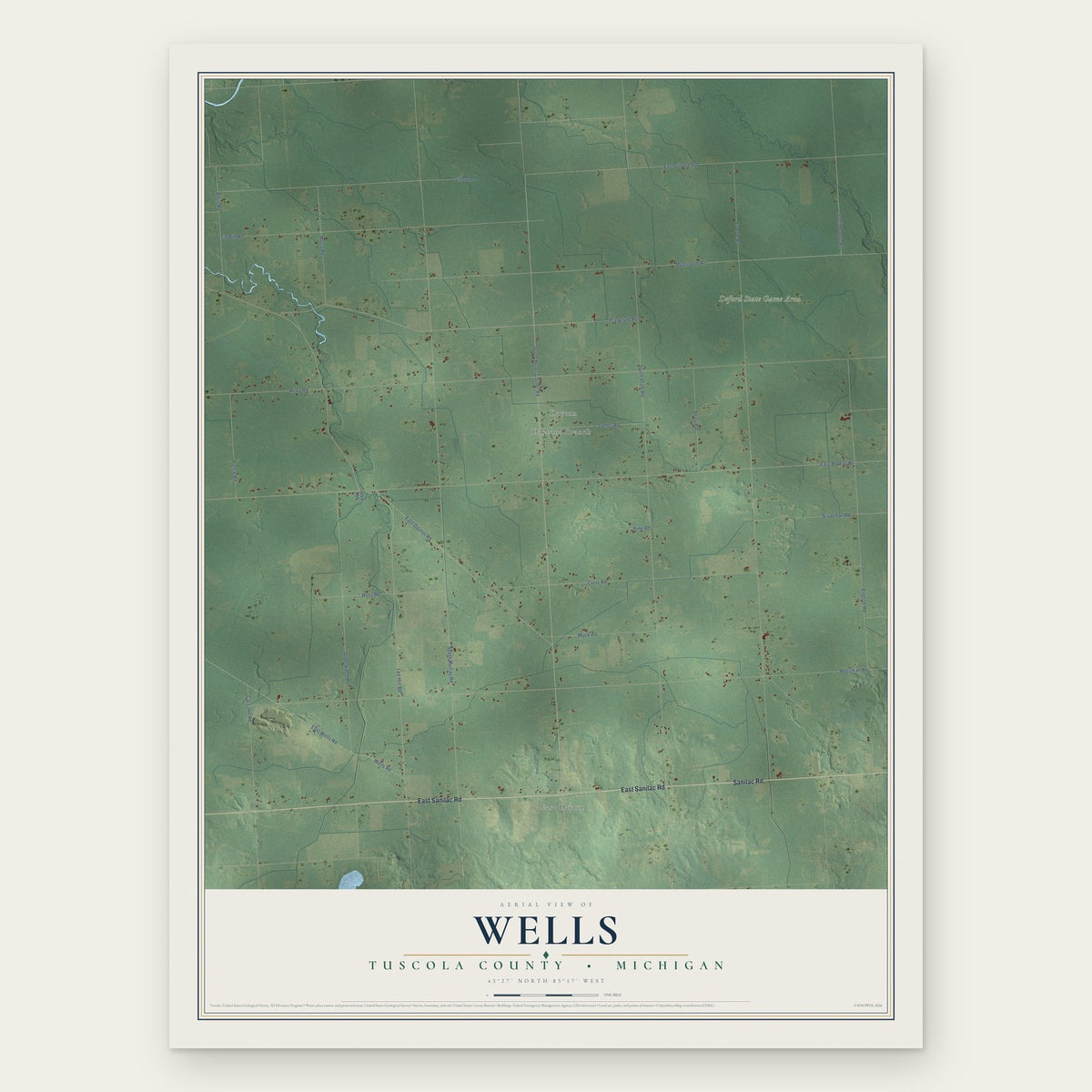 Wells, Tuscola County, Michigan map print, the full design