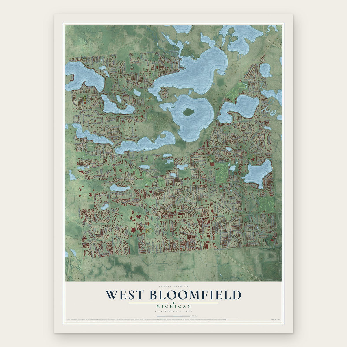 West Bloomfield, Michigan map print, the full design