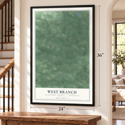 West Branch, Dickinson County, Michigan map, 24 x 36 inch print in a black frame by a staircase