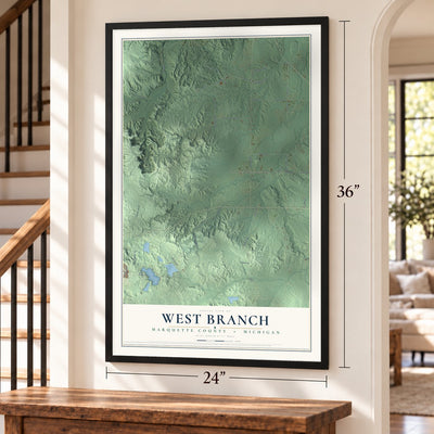 West Branch, Marquette County, Michigan map, 24 x 36 inch print in a black frame by a staircase