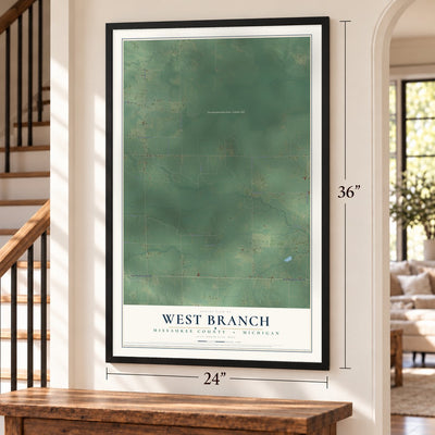 West Branch, Missaukee County, Michigan map, 24 x 36 inch print in a black frame by a staircase