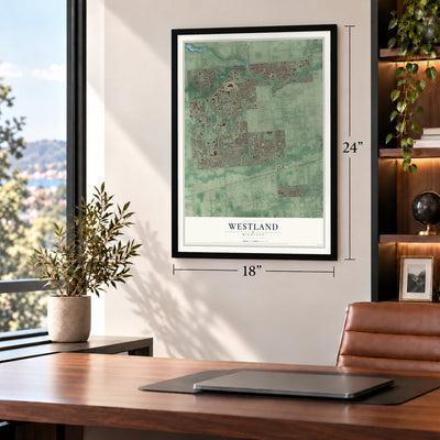 Westland, Michigan map, 18 x 24 inch print in a black frame in a home office