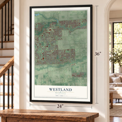 Westland, Michigan map, 24 x 36 inch print in a black frame by a staircase