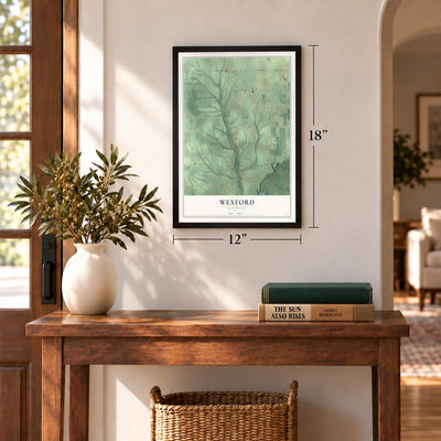 Wexford, Michigan map, 12 x 18 inch print in a black frame in an entryway