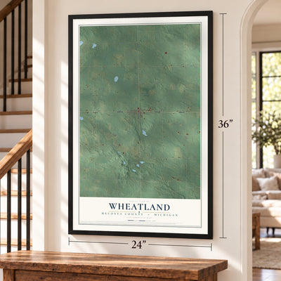 Wheatland, Mecosta County, Michigan map, 24 x 36 inch print in a black frame by a staircase