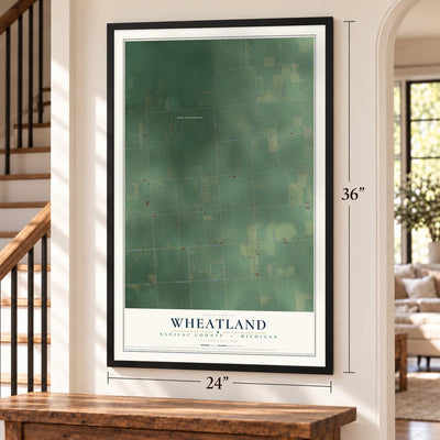 Wheatland, Sanilac County, Michigan map, 24 x 36 inch print in a black frame by a staircase