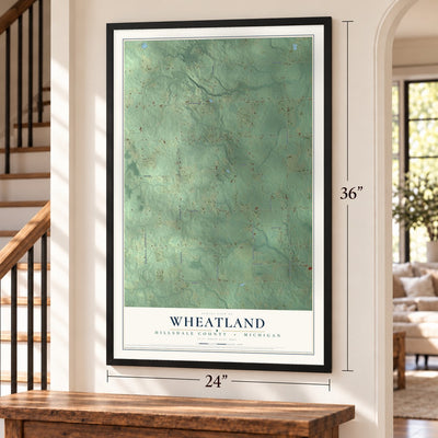 Wheatland, Hillsdale County, Michigan map, 24 x 36 inch print in a black frame by a staircase