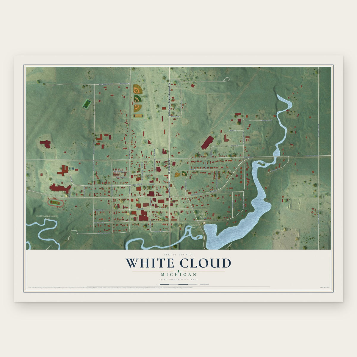 White Cloud, Michigan map print, the full design