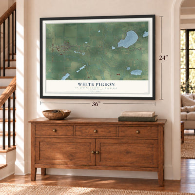 White Pigeon, St. Joseph County, Michigan map, 24 x 36 inch print in a black frame above a dresser by a staircase