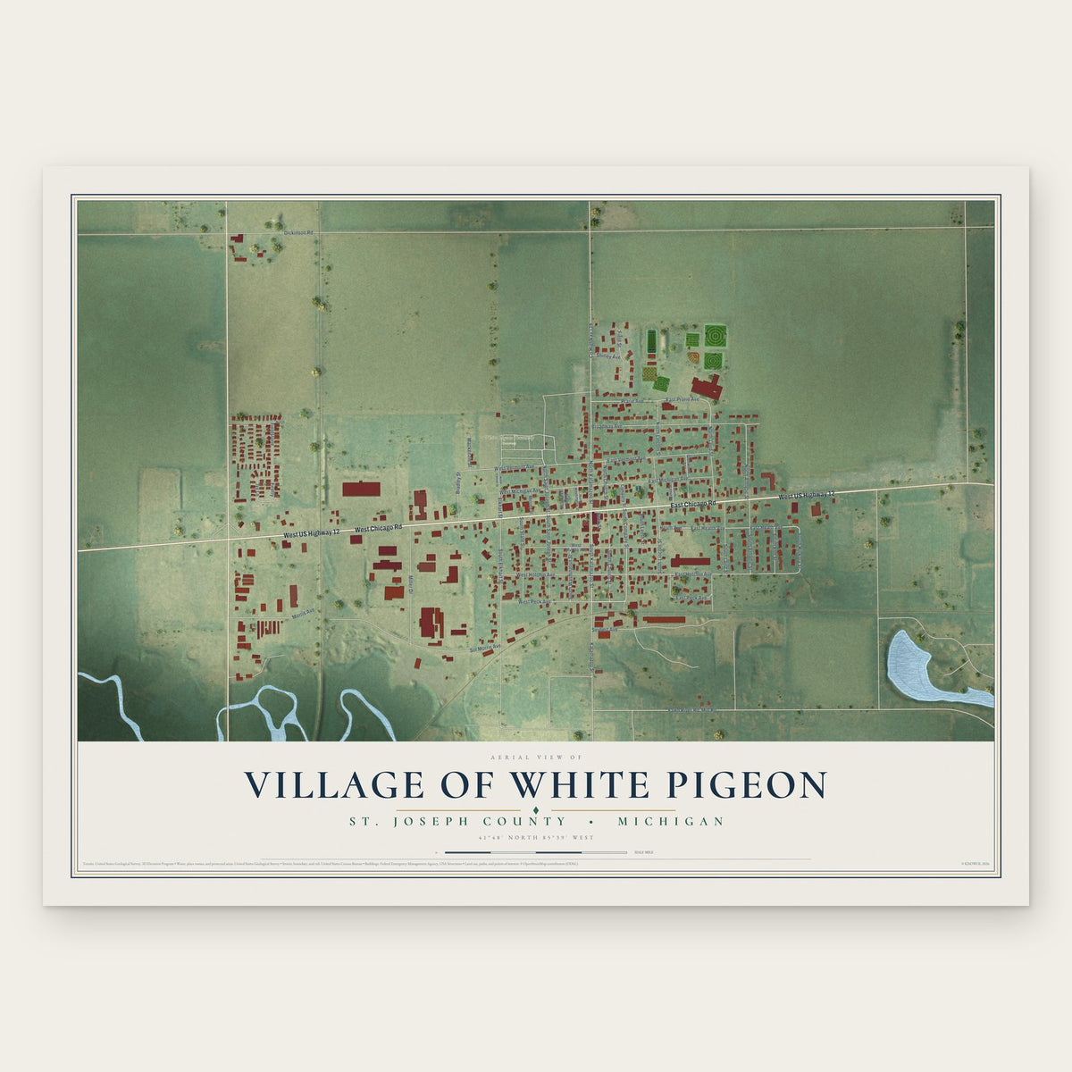 White Pigeon, Michigan map print, the full design
