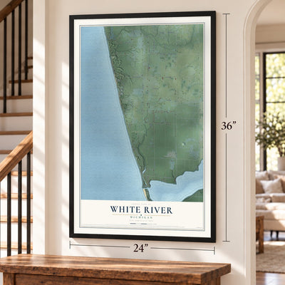 White River, Michigan map, 24 x 36 inch print in a black frame by a staircase