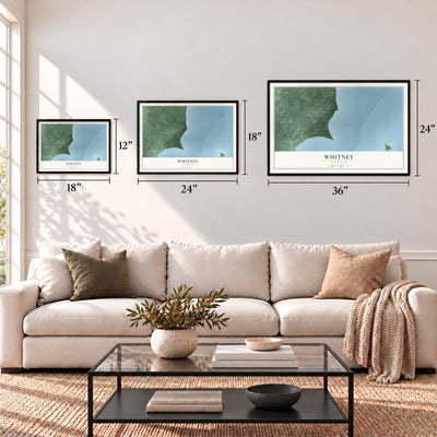 Whitney, Michigan map in 12 x 18, 18 x 24 and 24 x 36 inch sizes above a sofa