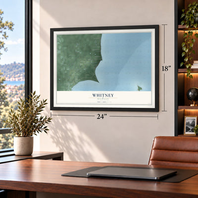 Whitney, Michigan map, 18 x 24 inch print in a black frame in a home office