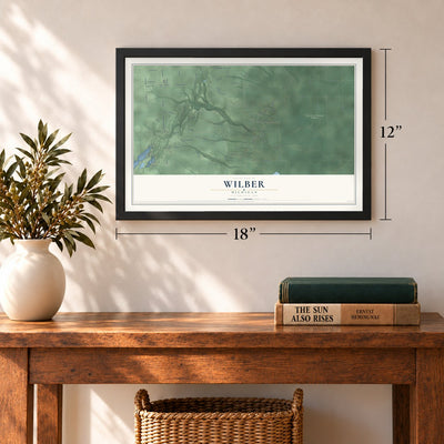 Wilber, Michigan map, 12 x 18 inch print in a black frame in an entryway