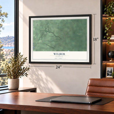 Wilber, Michigan map, 18 x 24 inch print in a black frame in a home office