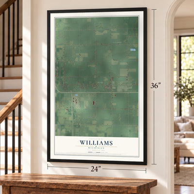 Williams, Michigan map, 24 x 36 inch print in a black frame by a staircase