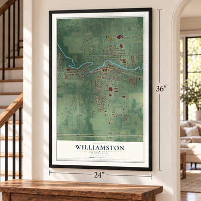 Williamston, Michigan map, 24 x 36 inch print in a black frame by a staircase