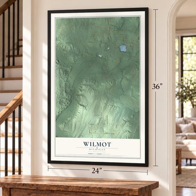 Wilmot, Michigan map, 24 x 36 inch print in a black frame by a staircase