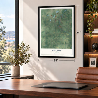 Windsor, Michigan map, 18 x 24 inch print in a black frame in a home office