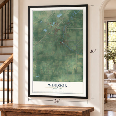 Windsor, Michigan map, 24 x 36 inch print in a black frame by a staircase