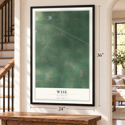 Wise, Michigan map, 24 x 36 inch print in a black frame by a staircase