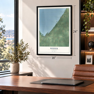 Wisner, Michigan map, 18 x 24 inch print in a black frame in a home office
