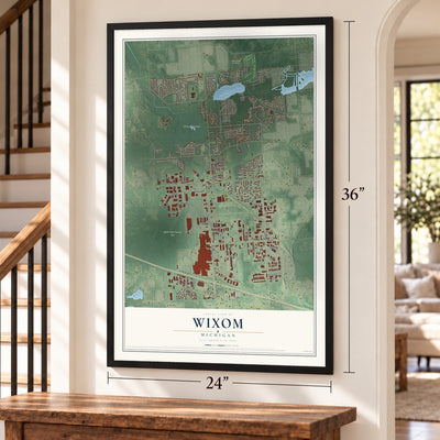 Wixom, Michigan map, 24 x 36 inch print in a black frame by a staircase