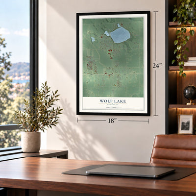 Wolf Lake, Michigan map, 18 x 24 inch print in a black frame in a home office