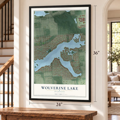 Wolverine Lake, Michigan map, 24 x 36 inch print in a black frame by a staircase