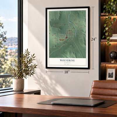 Wolverine, Michigan map, 18 x 24 inch print in a black frame in a home office