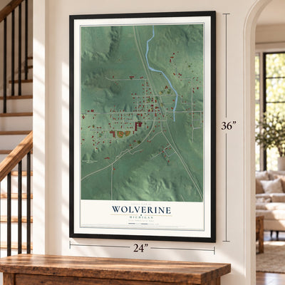 Wolverine, Michigan map, 24 x 36 inch print in a black frame by a staircase