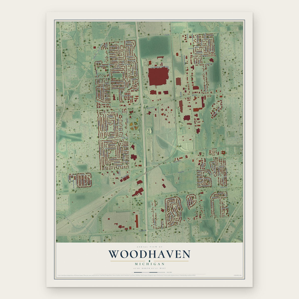 Woodhaven, Michigan map print, the full design