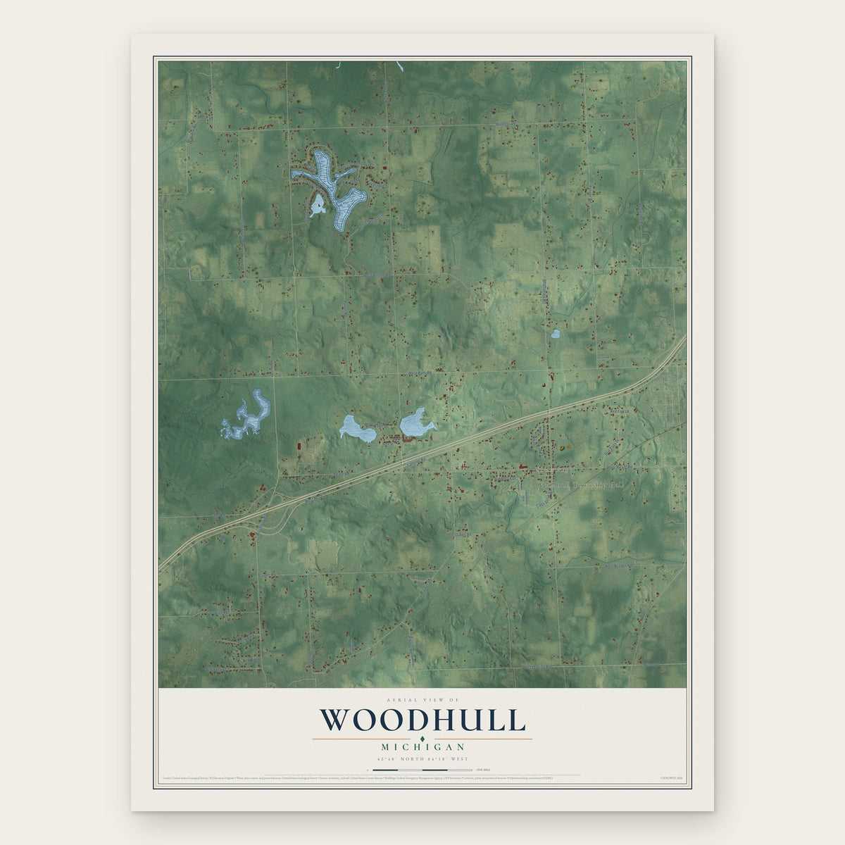 Woodhull, Michigan map print, the full design