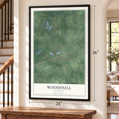 Woodhull, Michigan map, 24 x 36 inch print in a black frame by a staircase