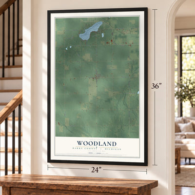 Woodland, Barry County, Michigan map, 24 x 36 inch print in a black frame by a staircase