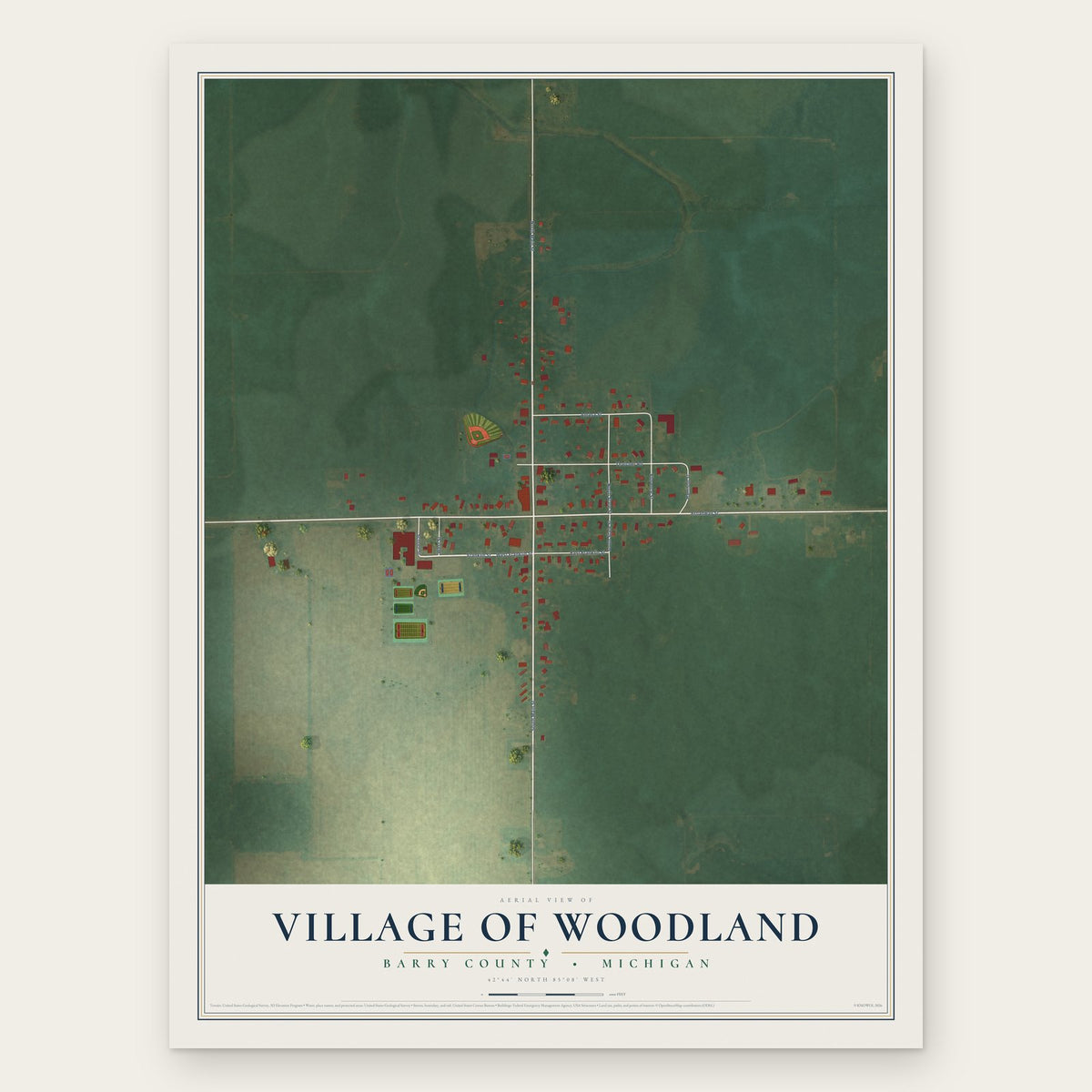 Woodland, Michigan map print, the full design
