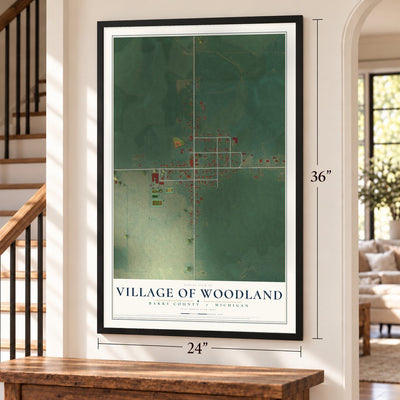 Woodland, Michigan map, 24 x 36 inch print in a black frame by a staircase