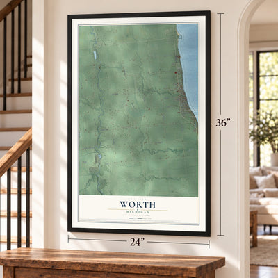 Worth, Michigan map, 24 x 36 inch print in a black frame by a staircase