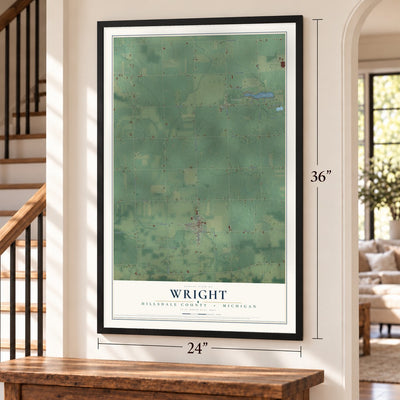 Wright, Hillsdale County, Michigan map, 24 x 36 inch print in a black frame by a staircase