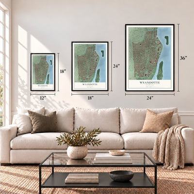 Wyandotte, Michigan map in 12 x 18, 18 x 24 and 24 x 36 inch sizes above a sofa