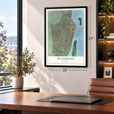 Wyandotte, Michigan map, 18 x 24 inch print in a black frame in a home office