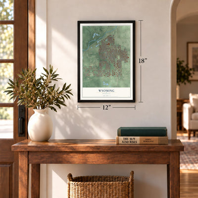 Wyoming, Michigan map, 12 x 18 inch print in a black frame in an entryway