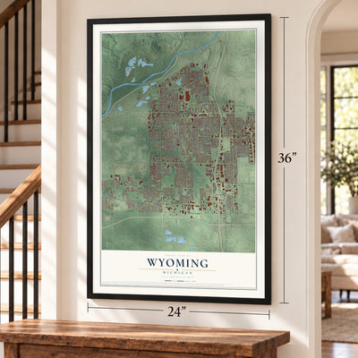 Wyoming, Michigan map, 24 x 36 inch print in a black frame by a staircase