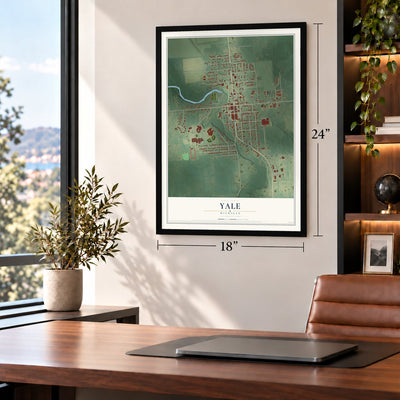 Yale, Michigan map, 18 x 24 inch print in a black frame in a home office