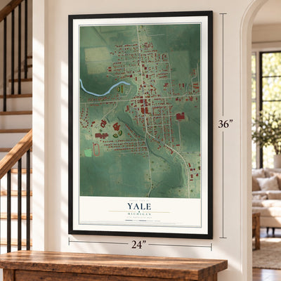 Yale, Michigan map, 24 x 36 inch print in a black frame by a staircase