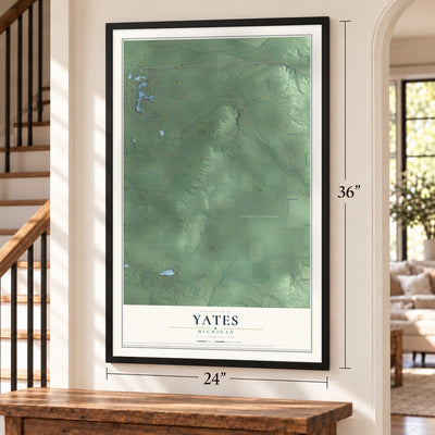 Yates, Michigan map, 24 x 36 inch print in a black frame by a staircase