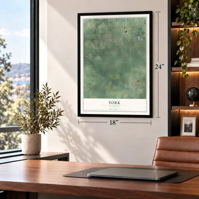 York, Michigan map, 18 x 24 inch print in a black frame in a home office