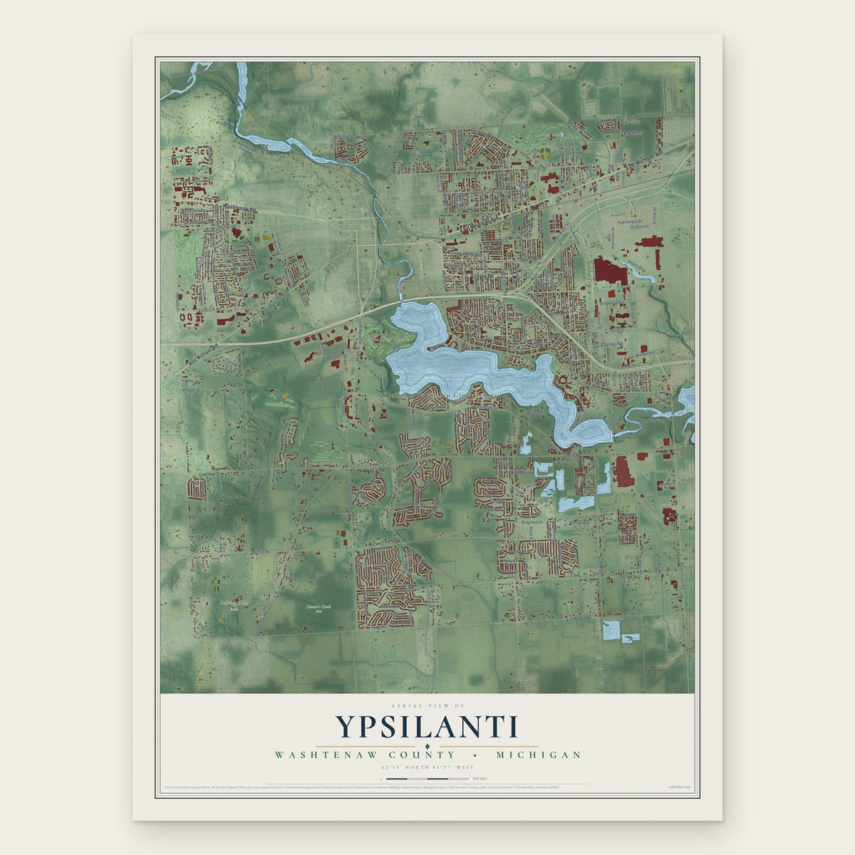 Ypsilanti, Washtenaw County, Michigan map print, the full design