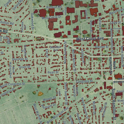 Close-up of the map of Ypsilanti, Michigan print showing street and building detail